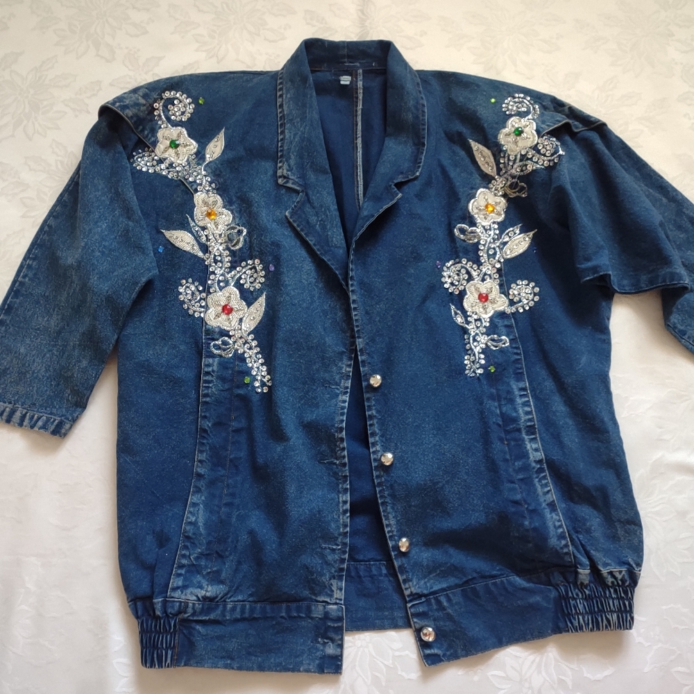 Oversize denim jeans floral sequins beads acid wash jacket